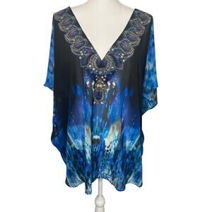 Miraclesuit blue and gold rhinestone embellished semi sheer coverup size L